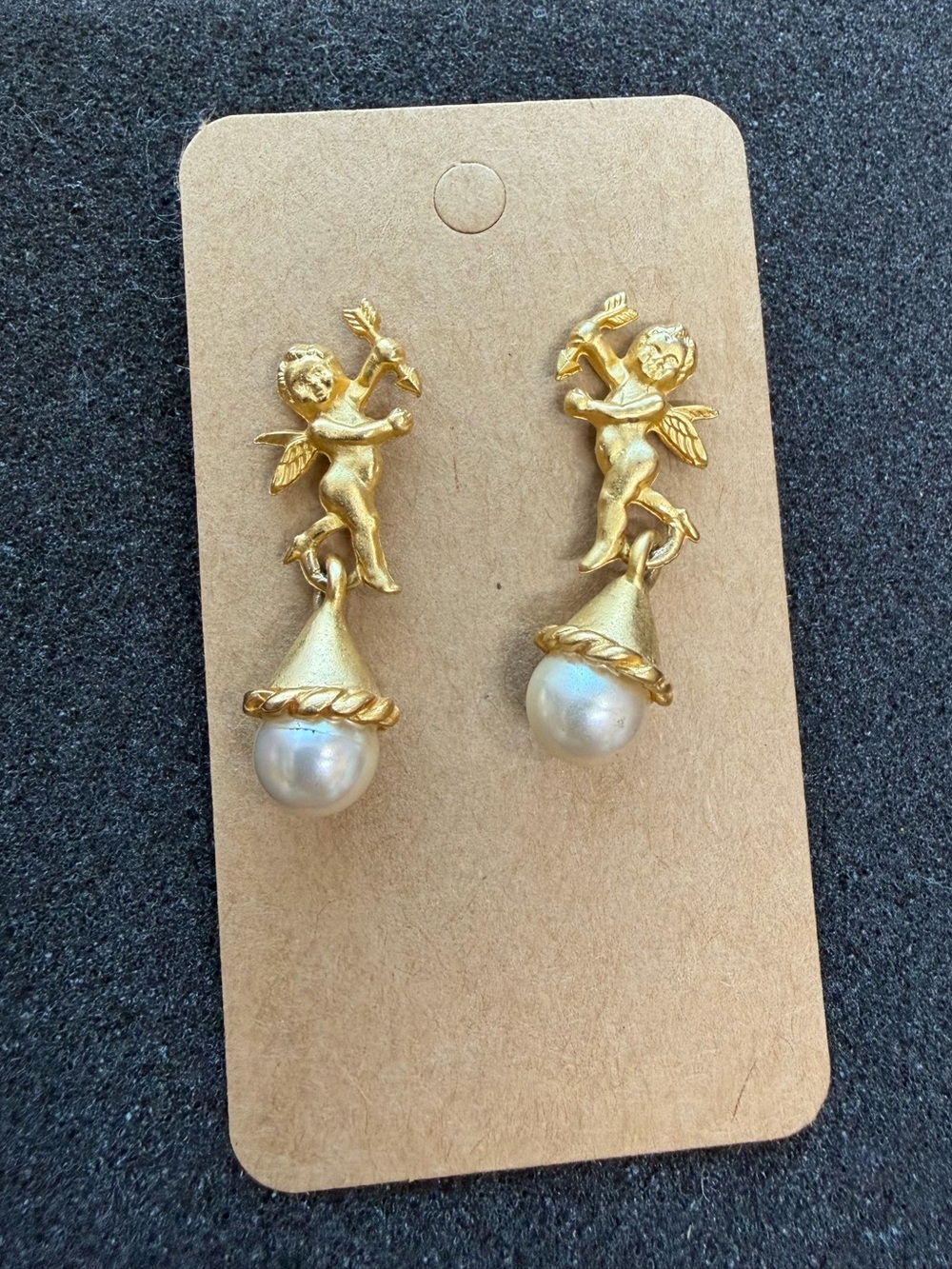 Jim Shore Yellow Gold Toned Angel Cherub Pearl Drop Earrings